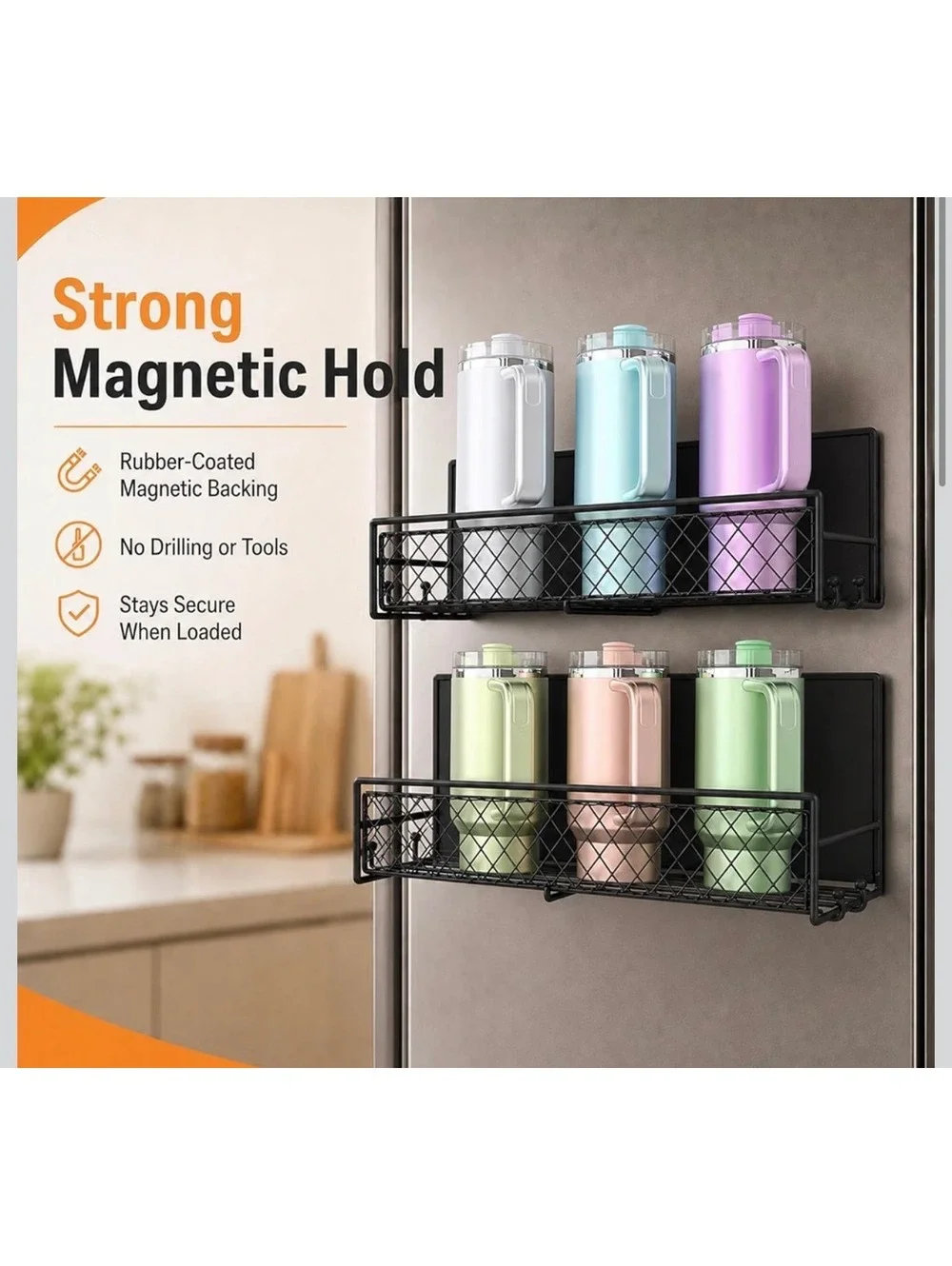 OrgaFocus 2 Pack Magnetic Cup Holder Heavy Duty Metal Storage Organizer w/hooks
